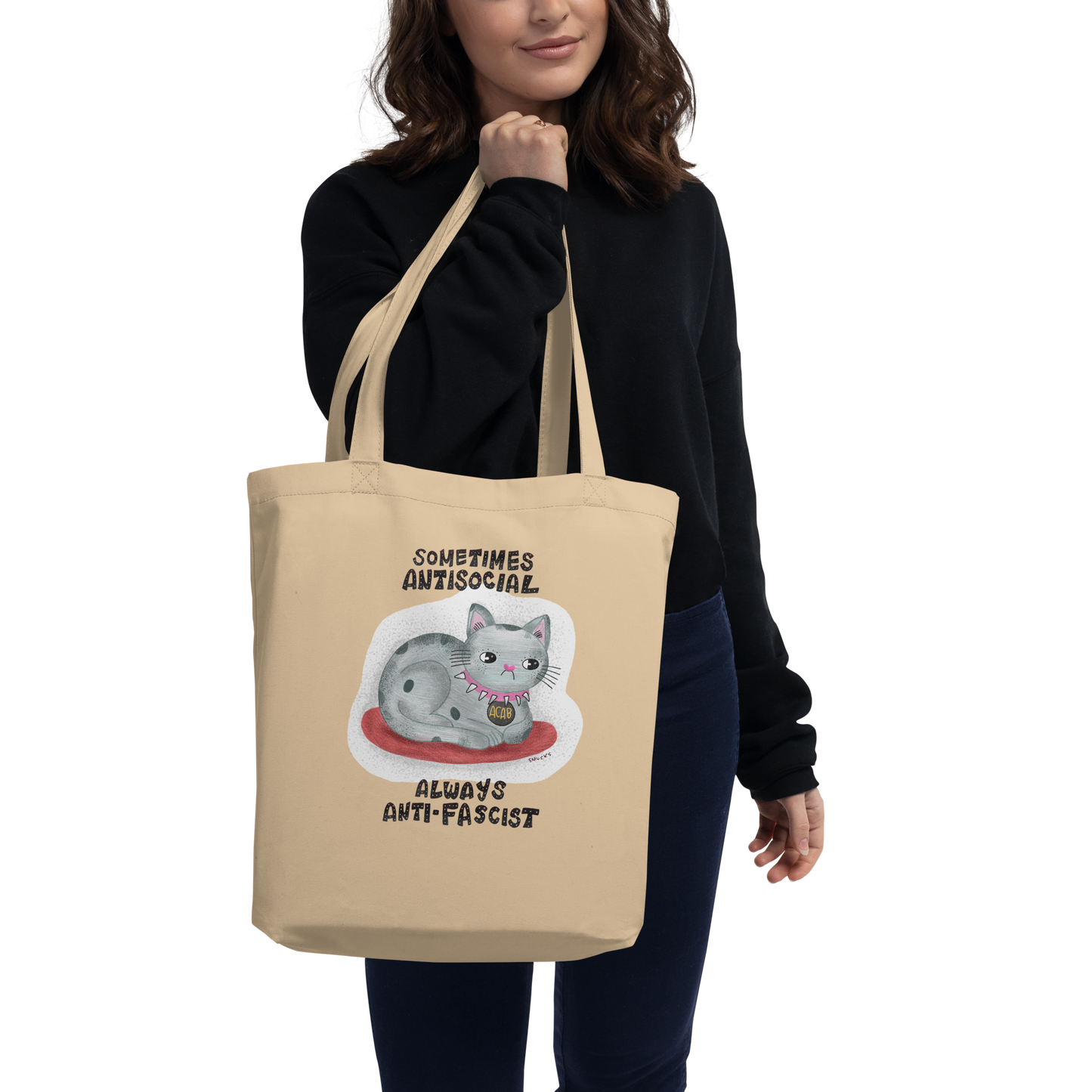 Sometimes Antisocial Always Anti-Fascist Organic Eco Tote Bag