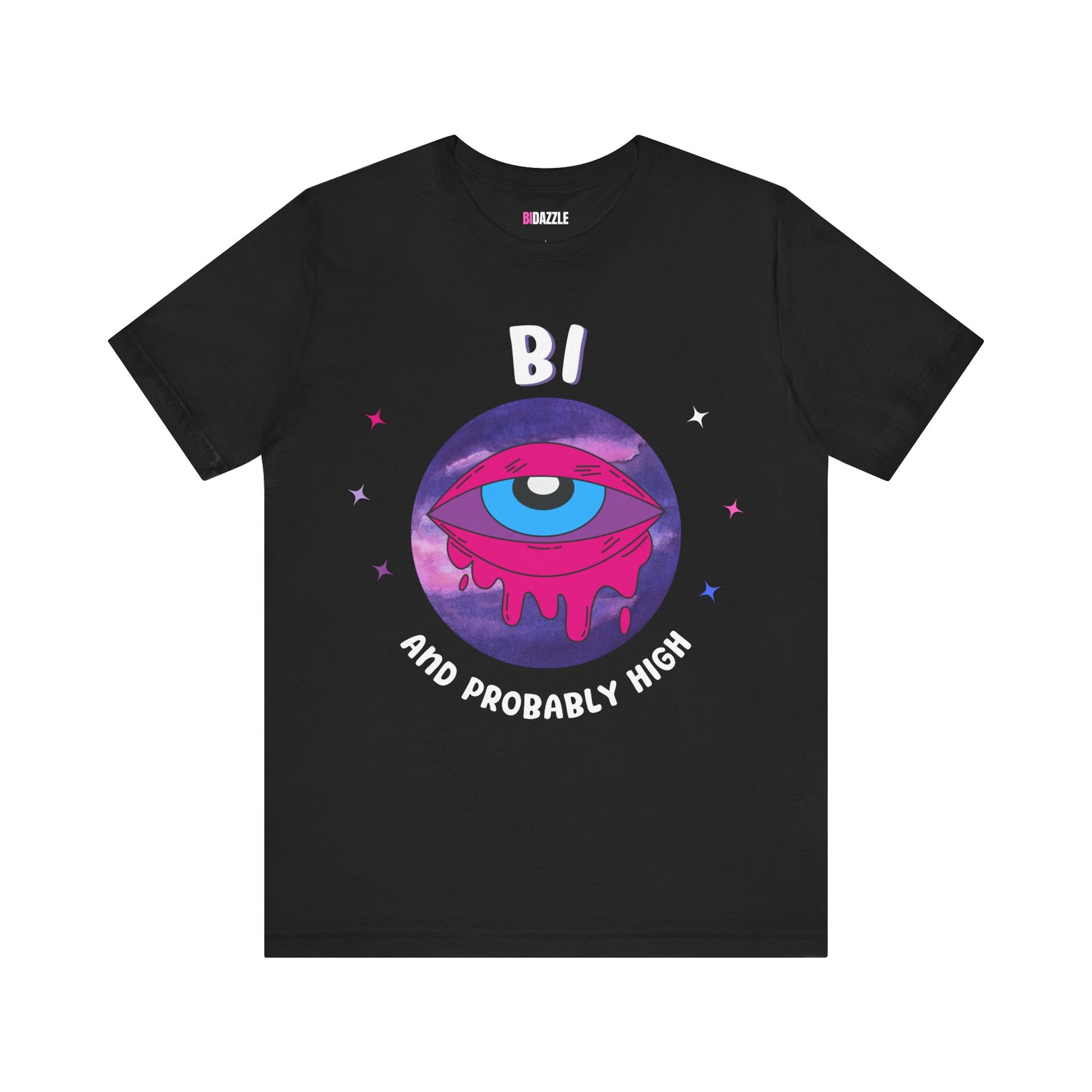 Bi and Probably High trippy psychedelic black unisex bisexual pride graphic tshirt