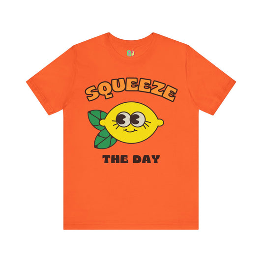 colorful orange optimistic Squeeze The Day 1970s retro unisex graphic tshirt