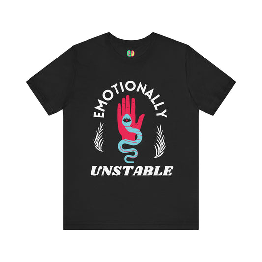 witchy snake and hand illustration with the quote "emotionally unstable" on a black tshirt