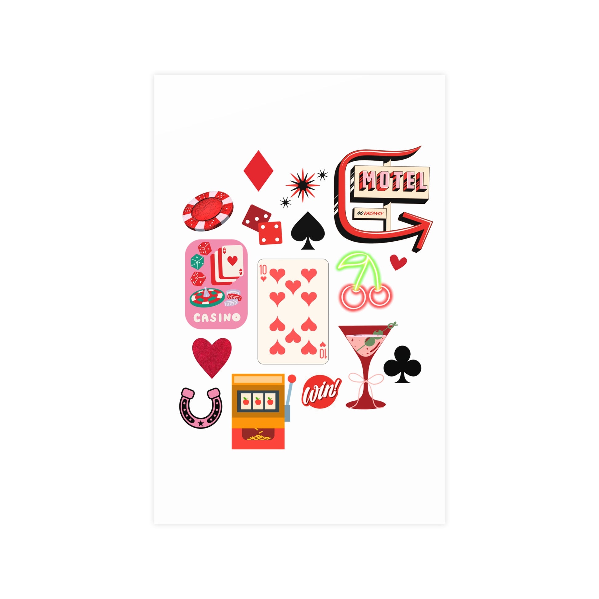 hand-drawn and collaged art of Las Vegas and casino & gambling themed icons like dice, playing cards, neon, motels, martinis, and slot machine in an 11x17" matte art poster print