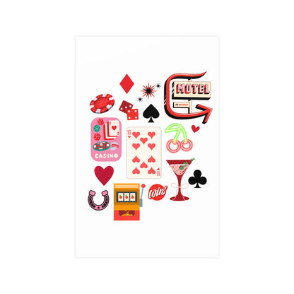 hand-drawn and collaged art of Las Vegas and casino & gambling themed icons like dice, playing cards, neon, motels, martinis, and slot machine in an 11x17" matte art poster print