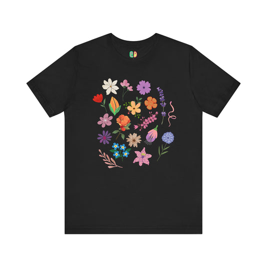 black tshirt with handdrawn flowers, feminine unisex graphic nature tee