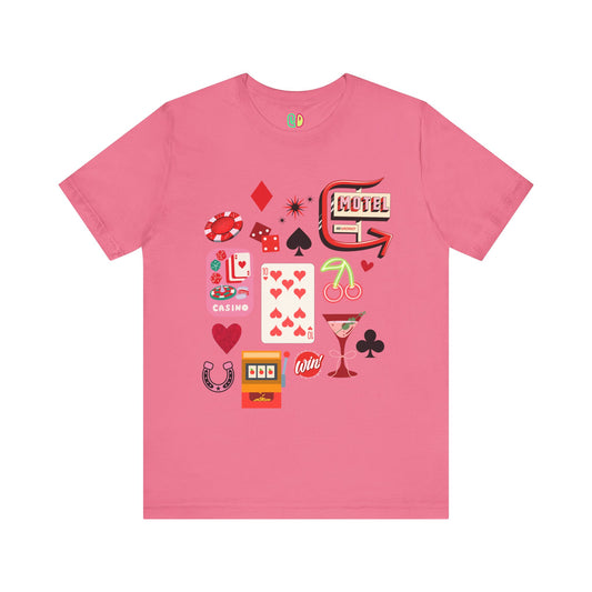 casino illustrated icons on a Vegas Baby pink unisex graphic tshirt